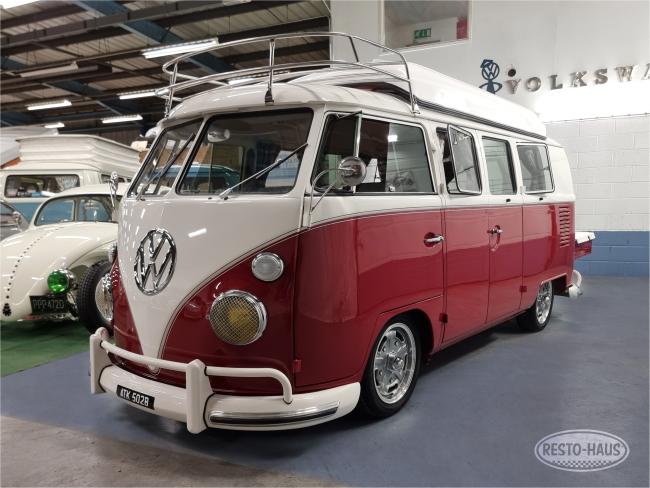 ‘64 RHD Split Screen Camper Van with Restored Harris Single-Wheel Trailer front facing of van 